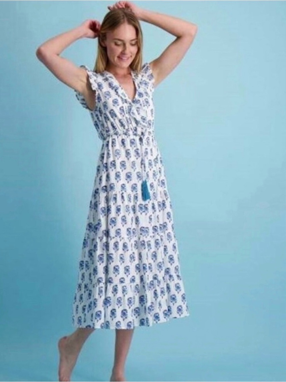 Mer St Barth White and Blue Printed Midi Dress with V-Neck and Tassel Tie